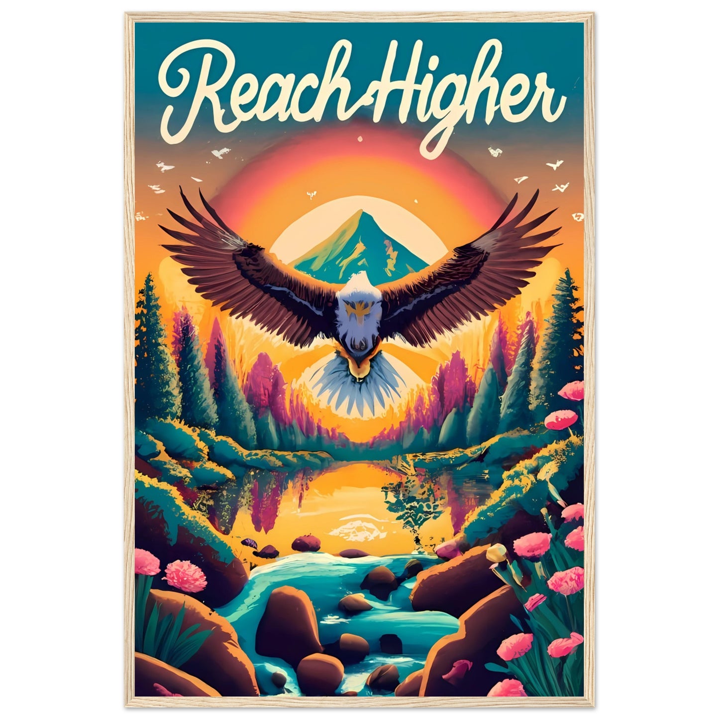 Reach Higher Retro Style Framed Poster with Isaiah 40:31, Eagle Flying, Sunset