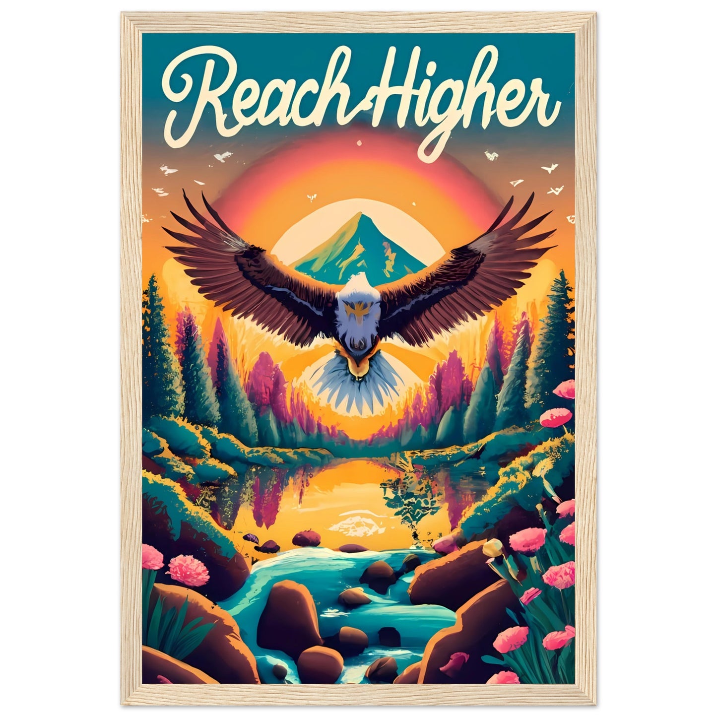 Reach Higher Retro Style Framed Poster with Isaiah 40:31, Eagle Flying, Sunset