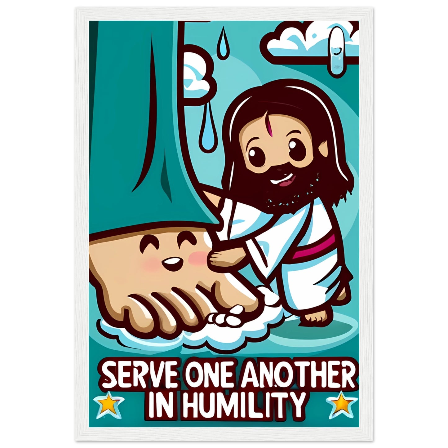 Cartoon Jesus Serve One Another in Humility Framed Poster