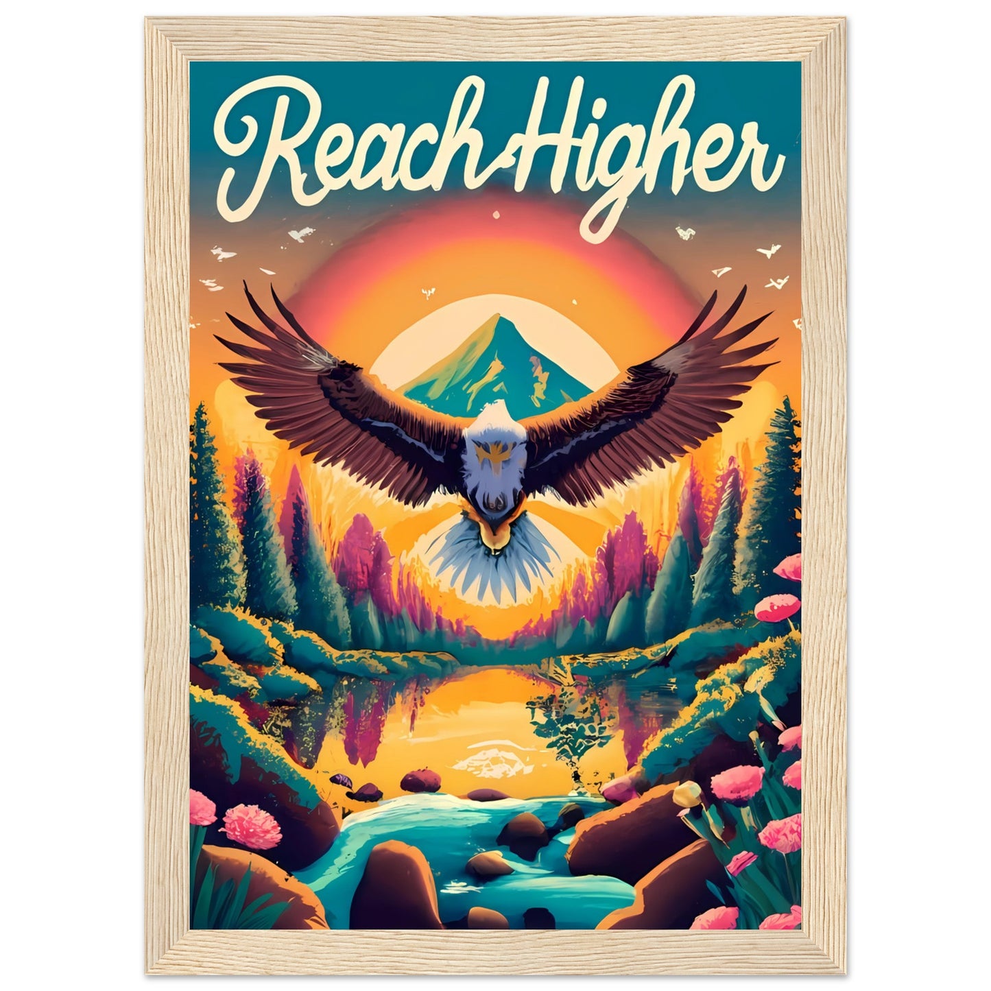 Reach Higher Retro Style Framed Poster with Isaiah 40:31, Eagle Flying, Sunset