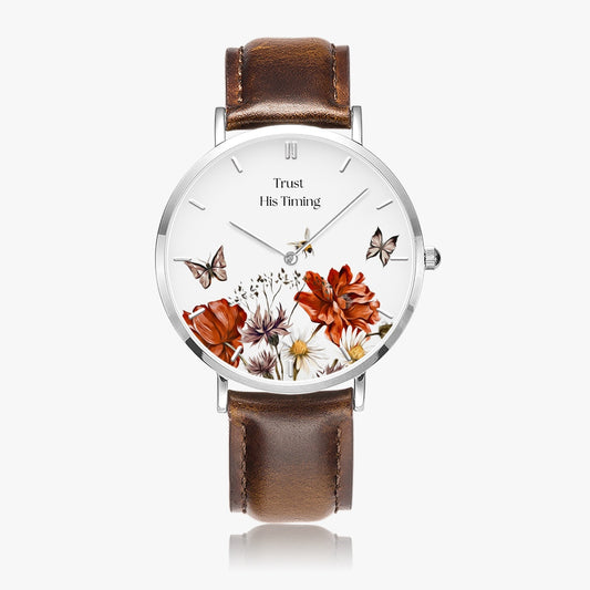 Trust His Timing Floral Christian Leather Strap Quartz Watch