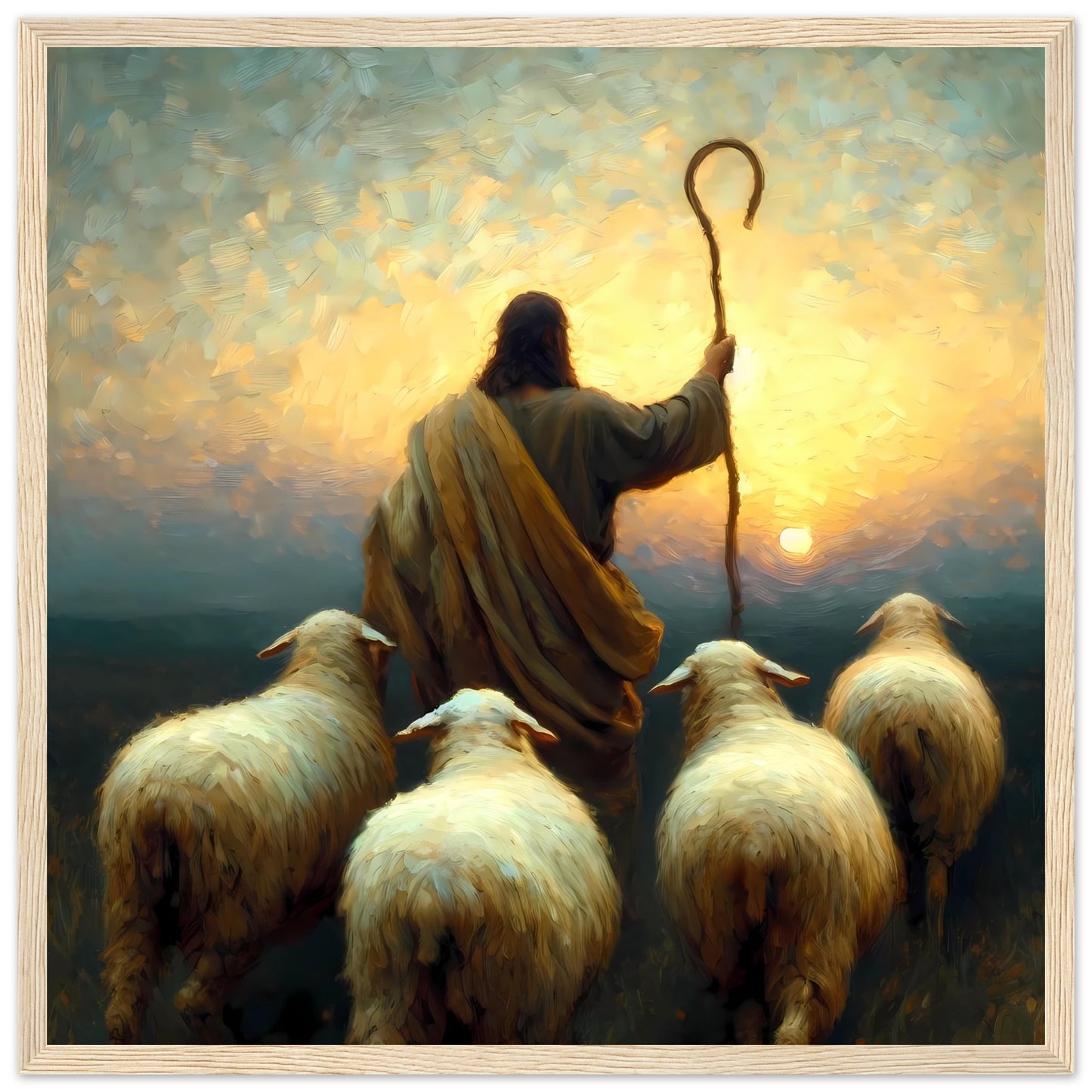 Follow Me, Jesus The Good Shepherd, Sunset Oil painting Framed Print
