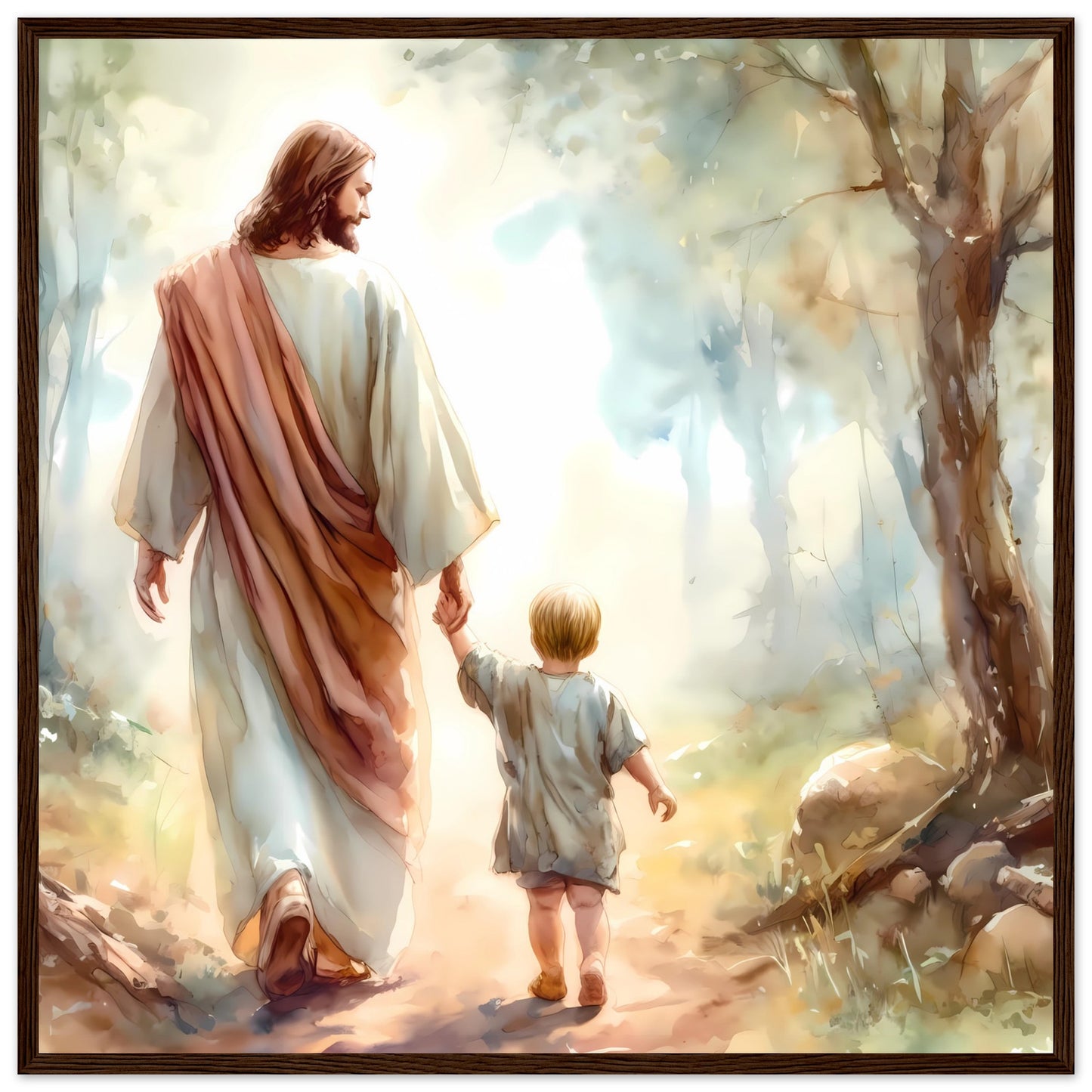 Jesus as a Guardian Holding Hand with a Child Framed Print