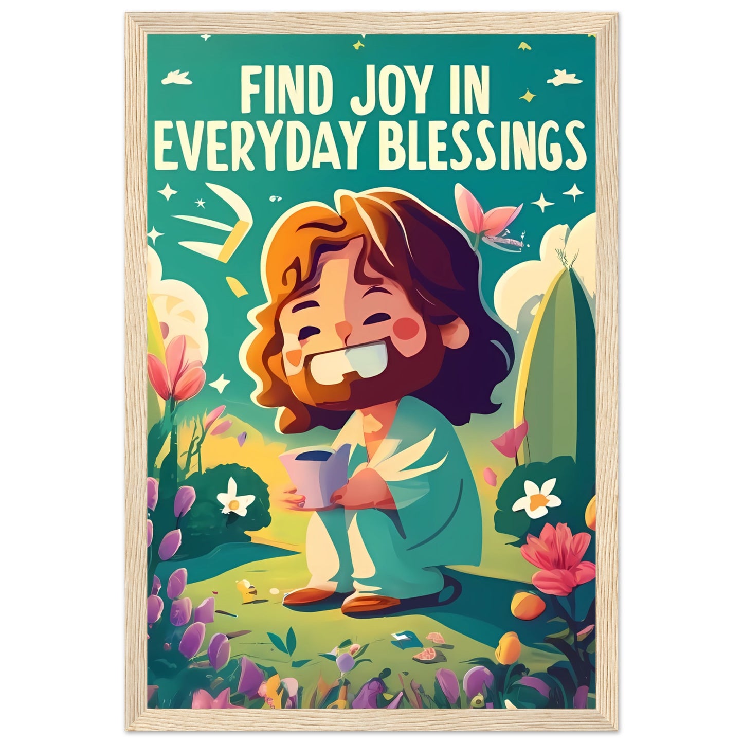 Cartoon Jesus Find Joy in Everyday Blessings Framed Poster