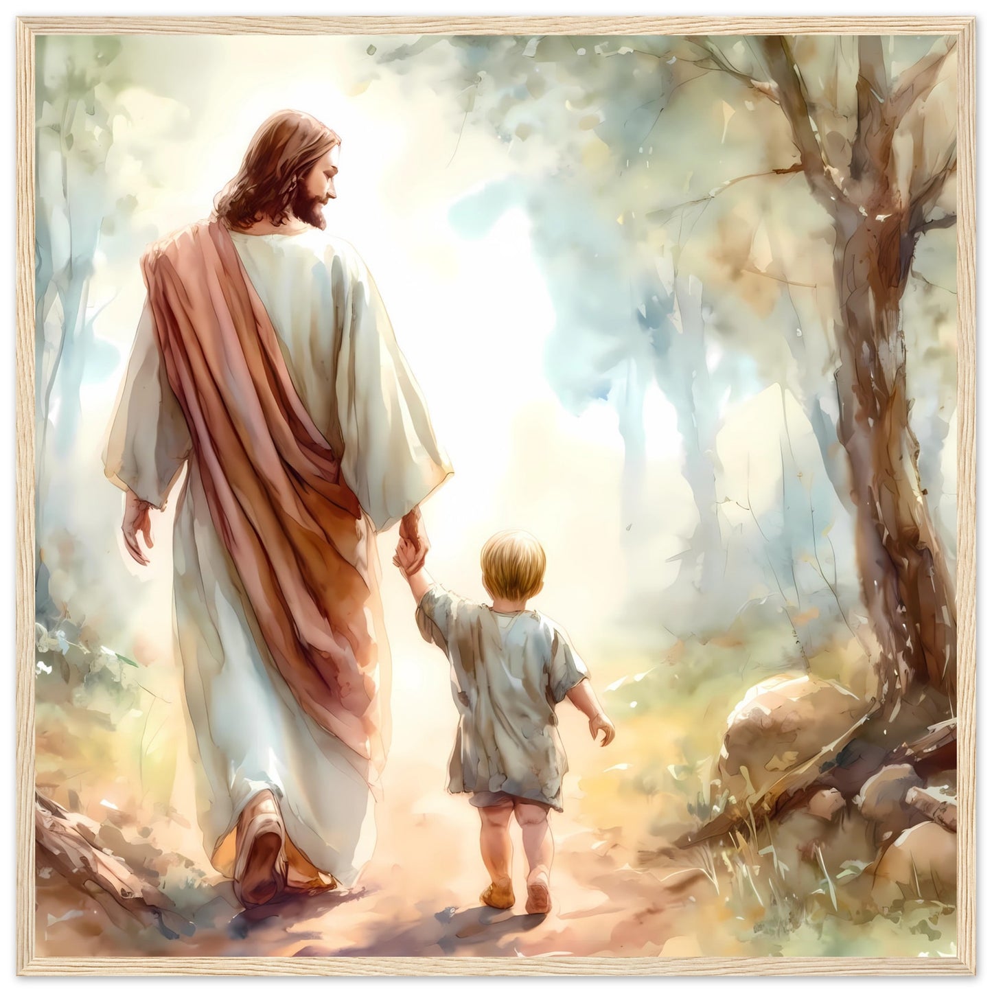 Jesus as a Guardian Holding Hand with a Child Framed Print