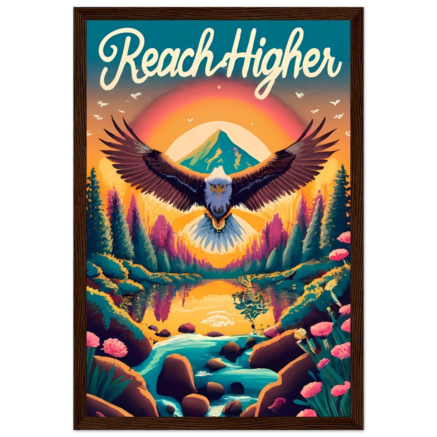 Reach Higher Retro Style Framed Poster with Isaiah 40:31, Eagle Flying, Sunset