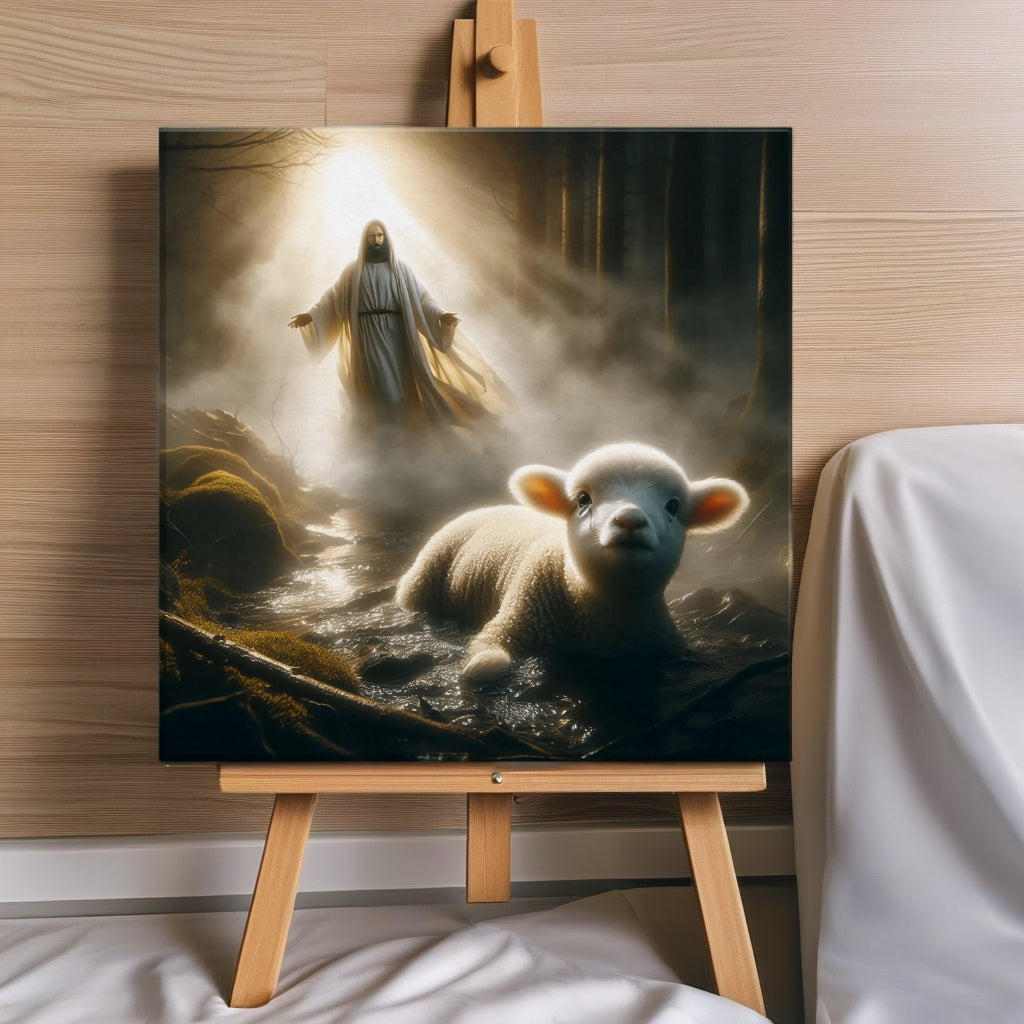 Divine Rescue  Jesus Saves Lost Lamb  Christian Wall Canva on Wooden Easel 