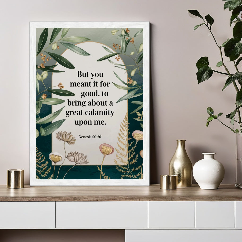 Poster featuring Genesis 50:20 scripture in a serene botanical design with sage tones and brushed gold accents, hanging on a wall in a beautifully styled botanical interior. The art piece reflects themes of God's faithfulness and redemption, perfect for inspiring peace and trust in God's plan.