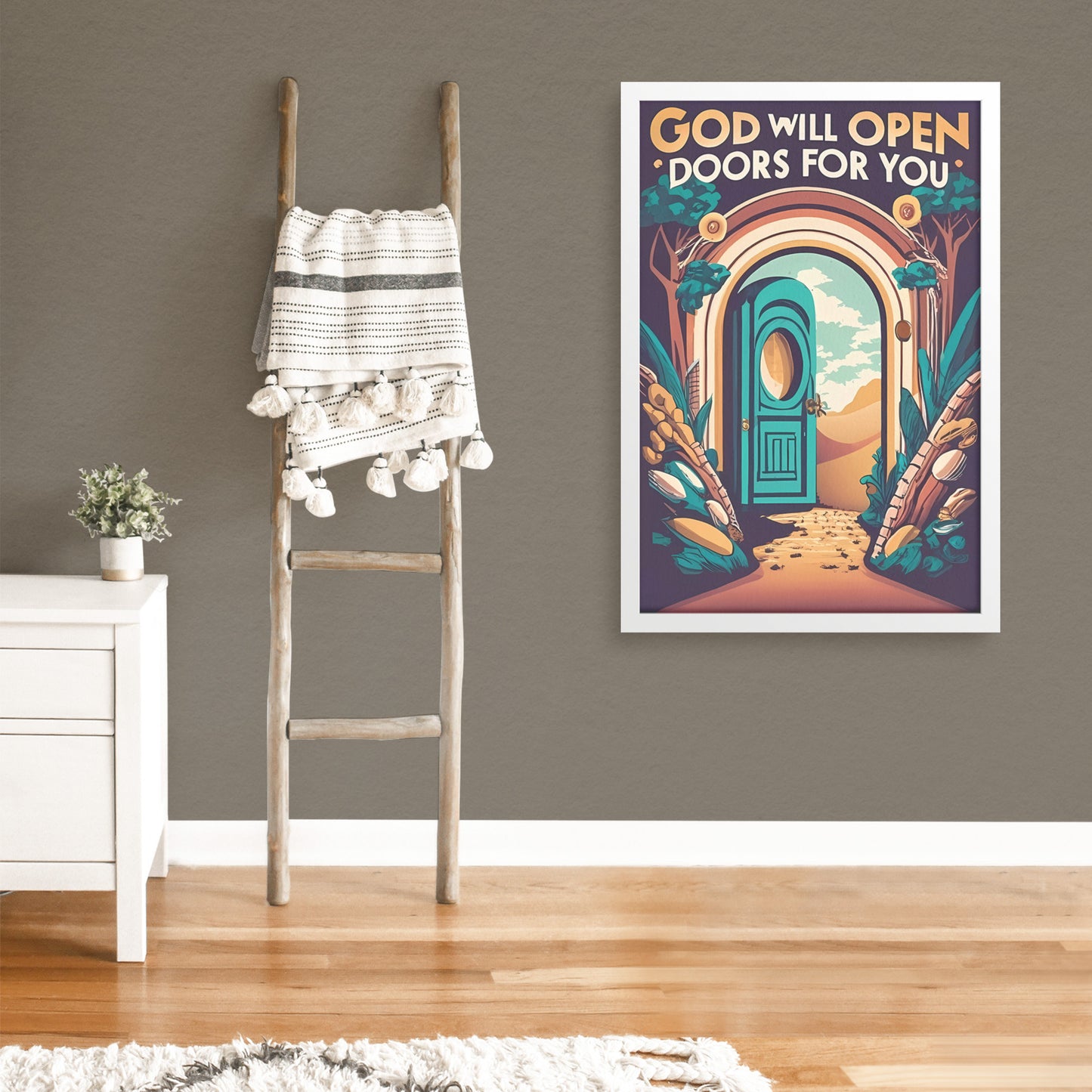 "God Will Open Doors for You Retro Style Nature Gate Framed Poster