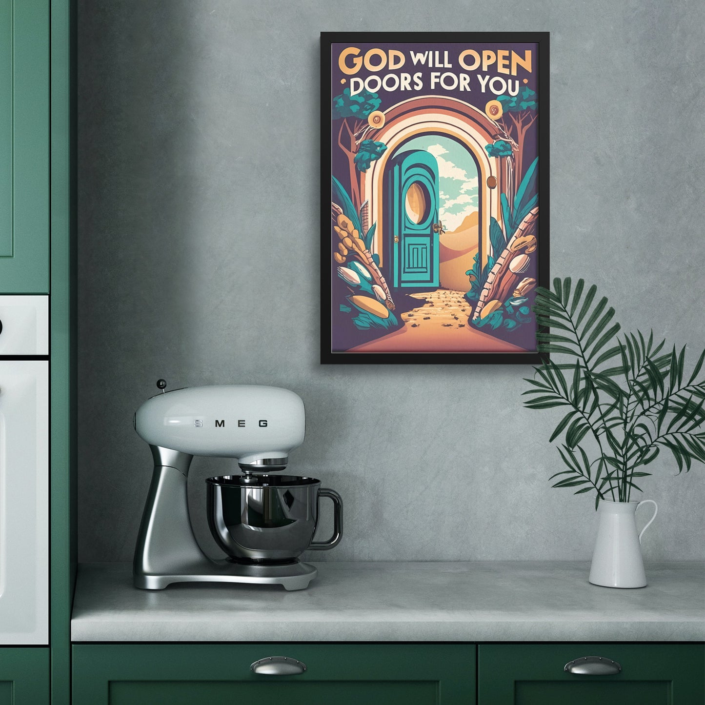 "God Will Open Doors for You Retro Style Nature Gate Framed Poster