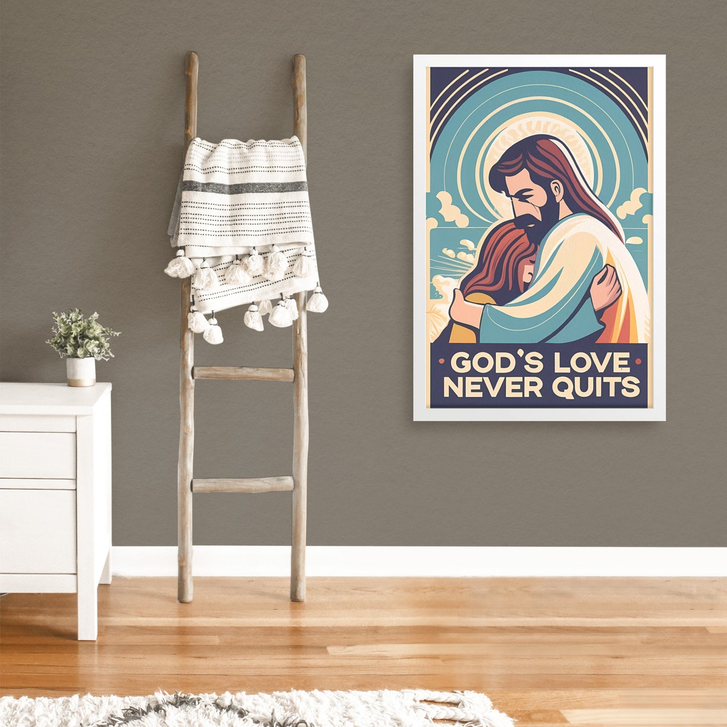 God's Love Never Quits Retro Style Girl Embraced by Jesus Framed Poster