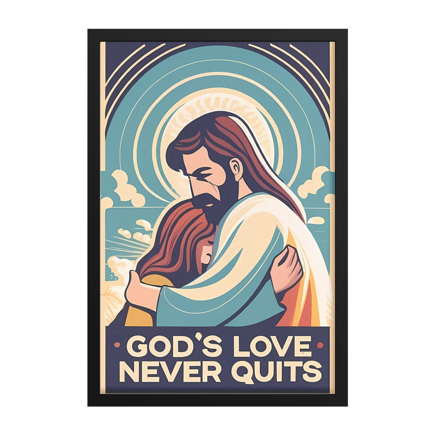 God's Love Never Quits Retro Style Girl Embraced by Jesus Framed Poster