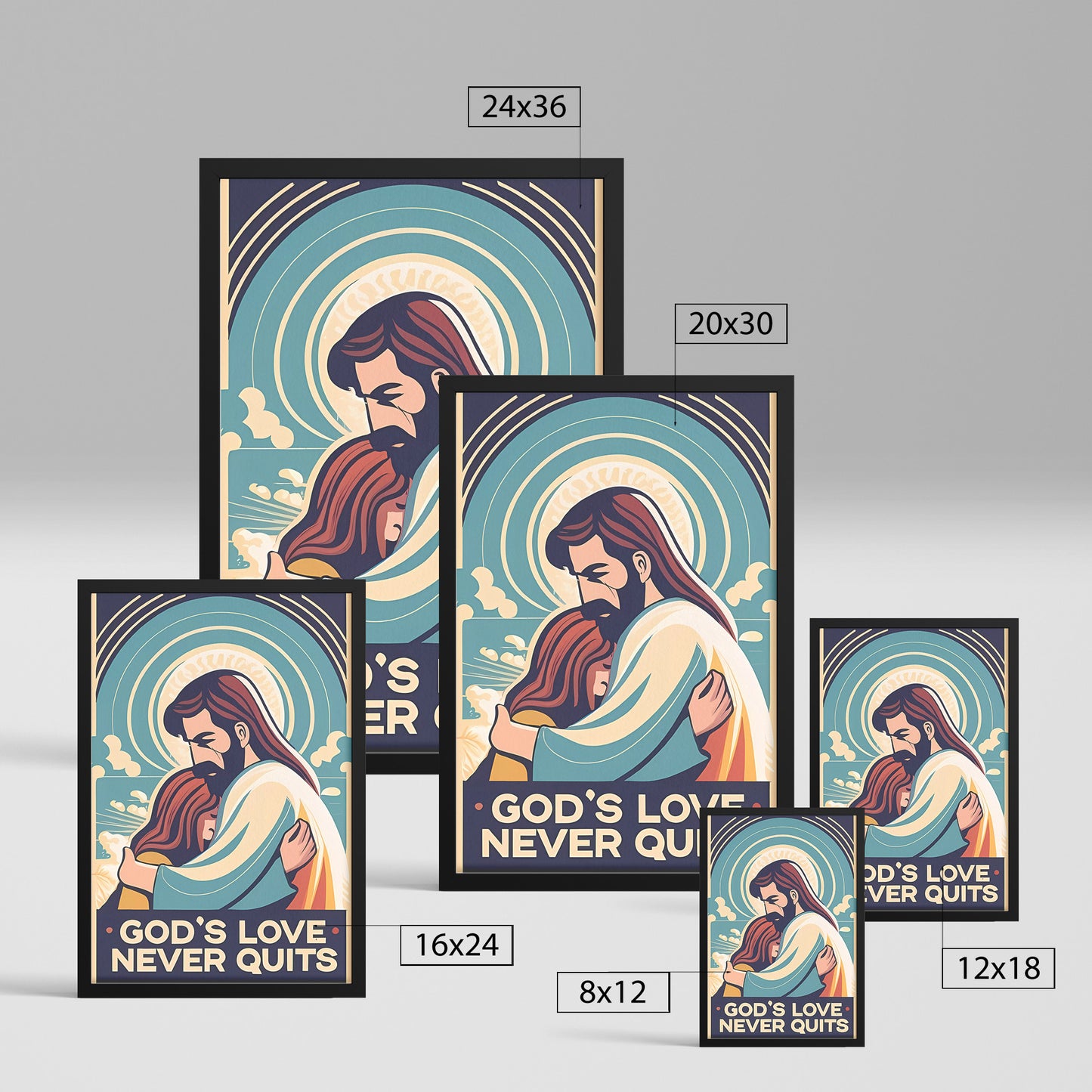 God's Love Never Quits Retro Style Girl Embraced by Jesus Framed Poster