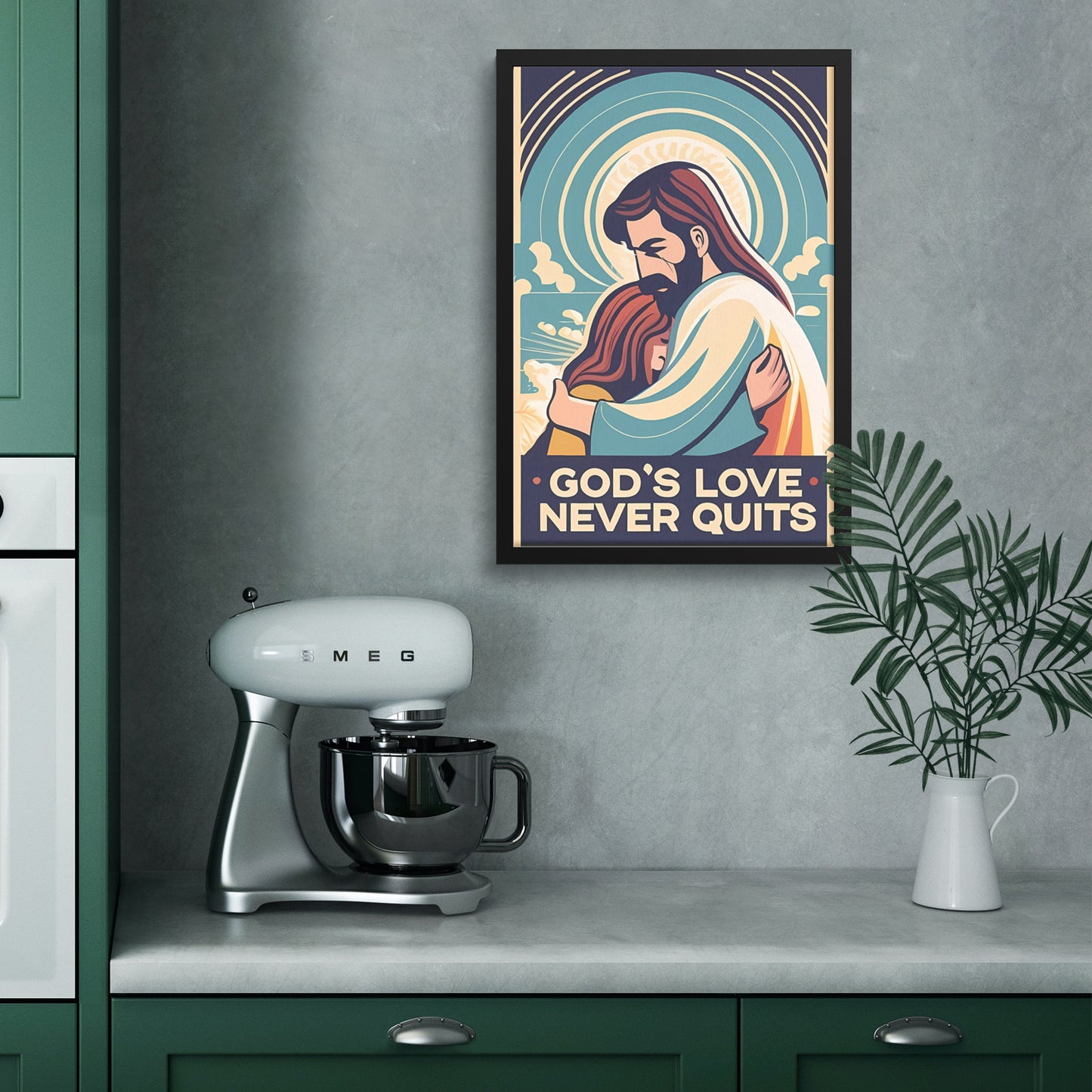 God's Love Never Quits Retro Style Girl Embraced by Jesus Framed Poster