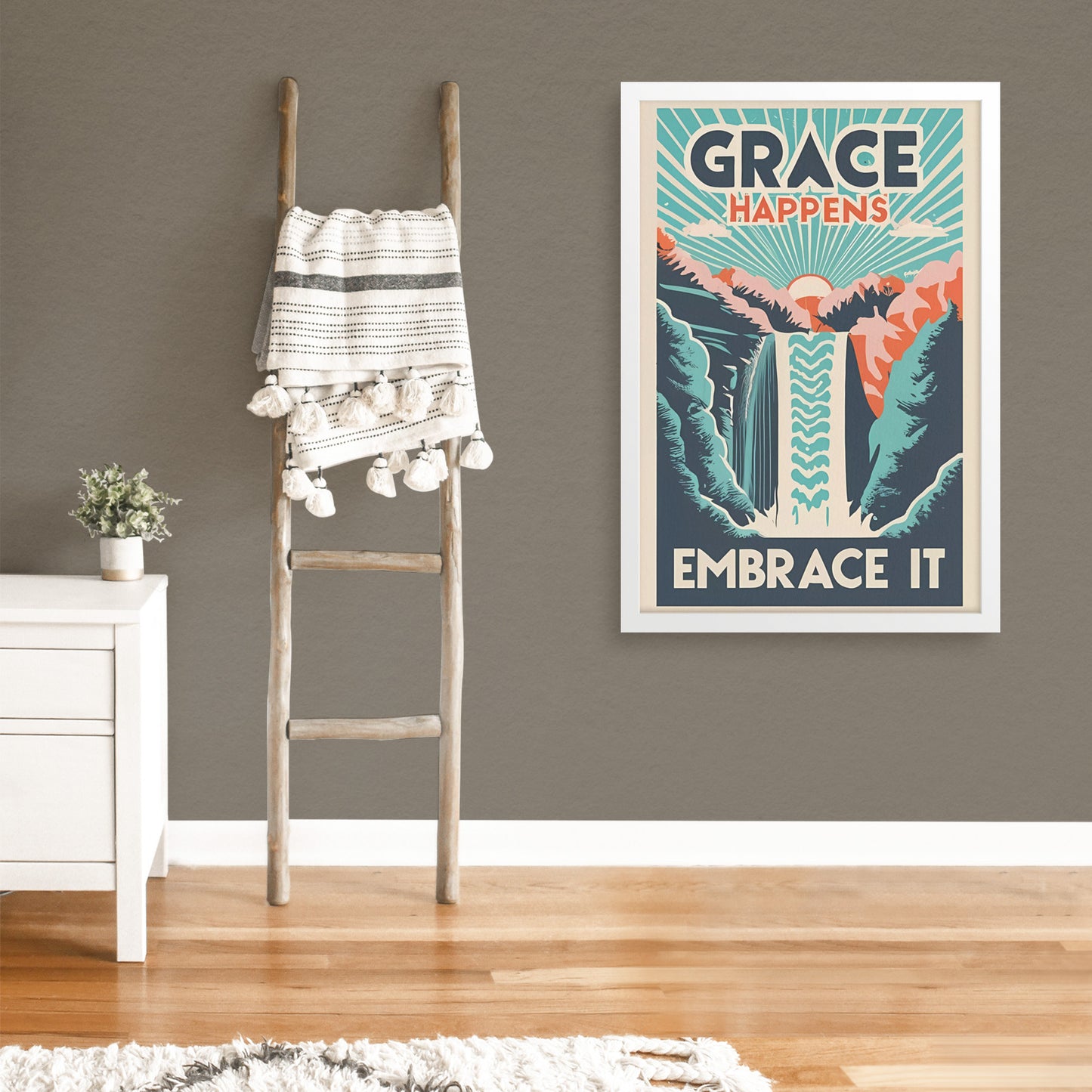 Grace Happens, Embrace It Retro Style Sunrise Waterfall Framed Poster