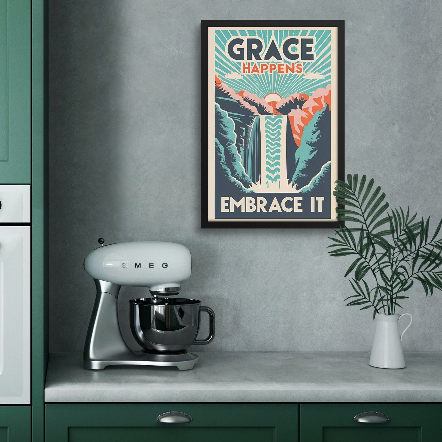 Grace Happens, Embrace It Retro Style Sunrise Waterfall Framed Poster
