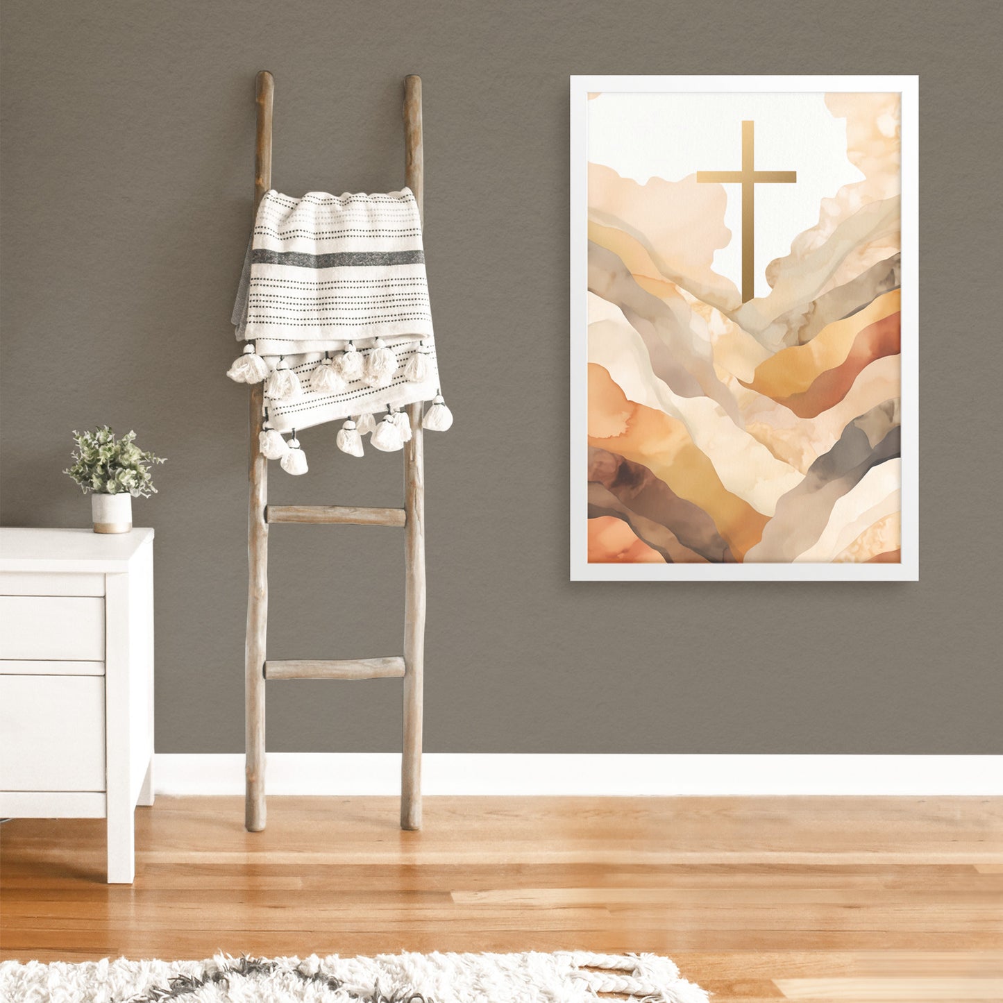 Hillside Serenity: Watercolor Cross Framed Artprint