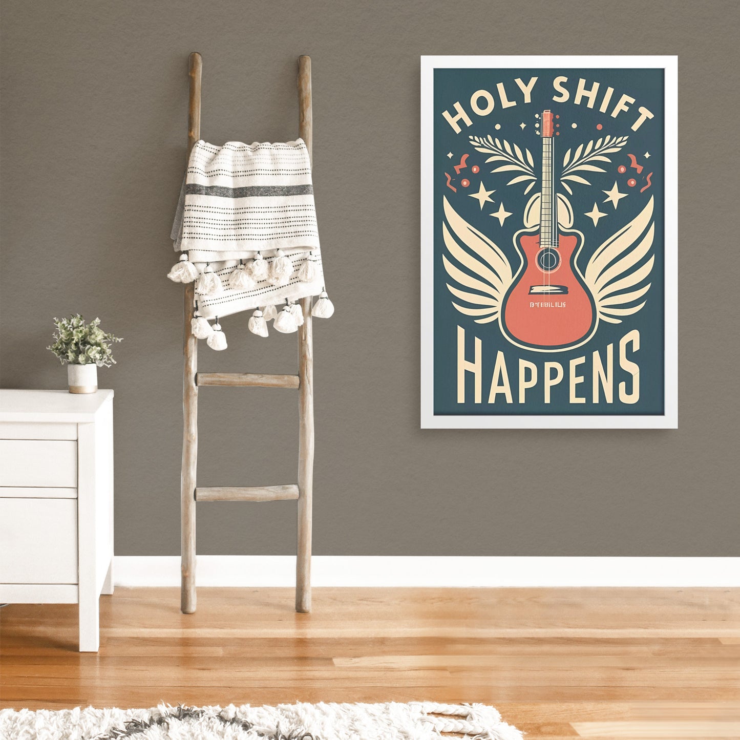 Holy Shift Happens Retro Style Guitar with Wings Framed Poster