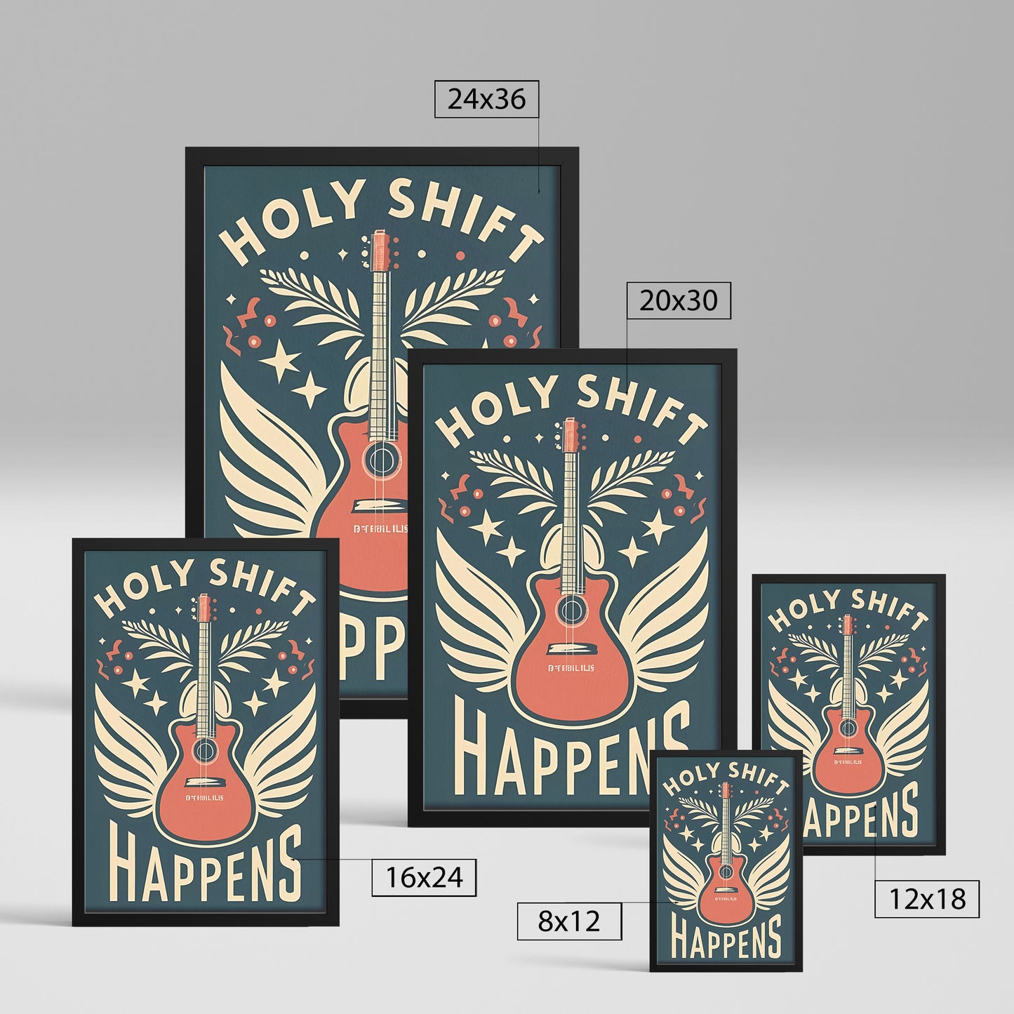 Holy Shift Happens Retro Style Guitar with Wings Framed Poster