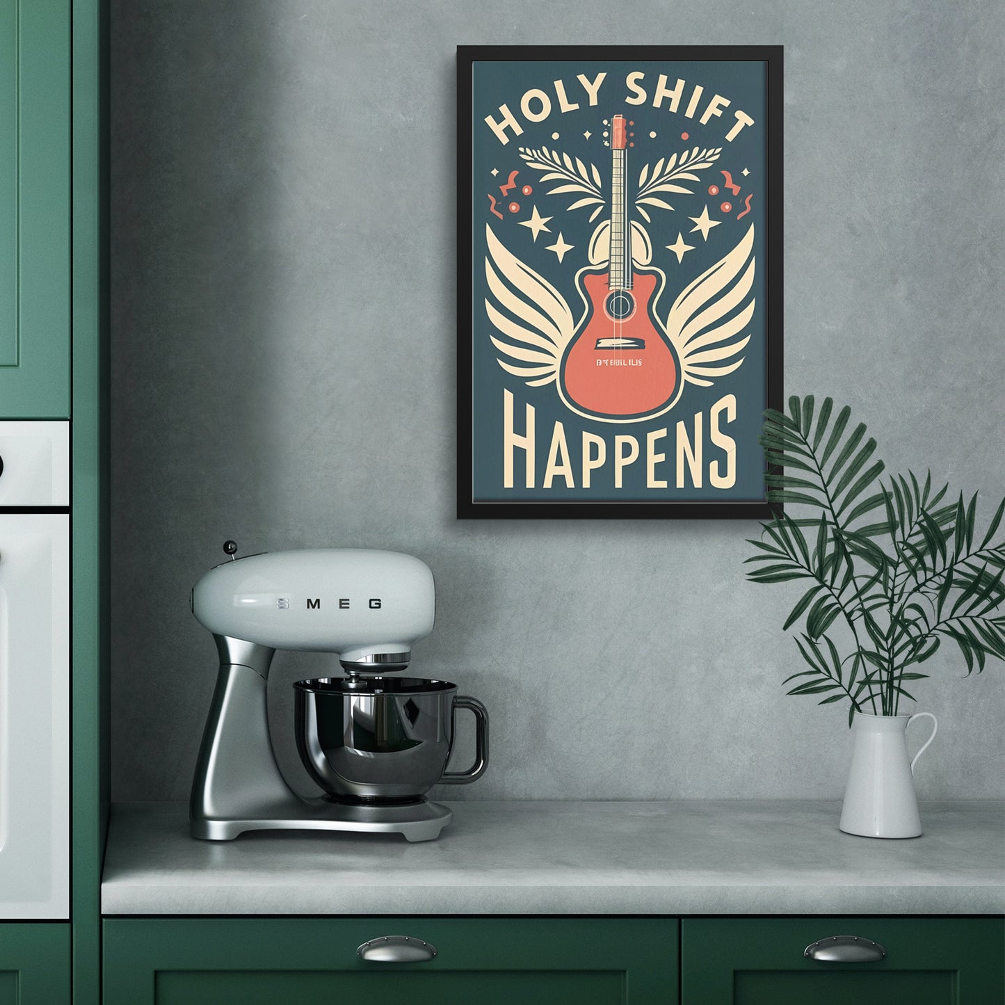 Holy Shift Happens Retro Style Guitar with Wings Framed Poster