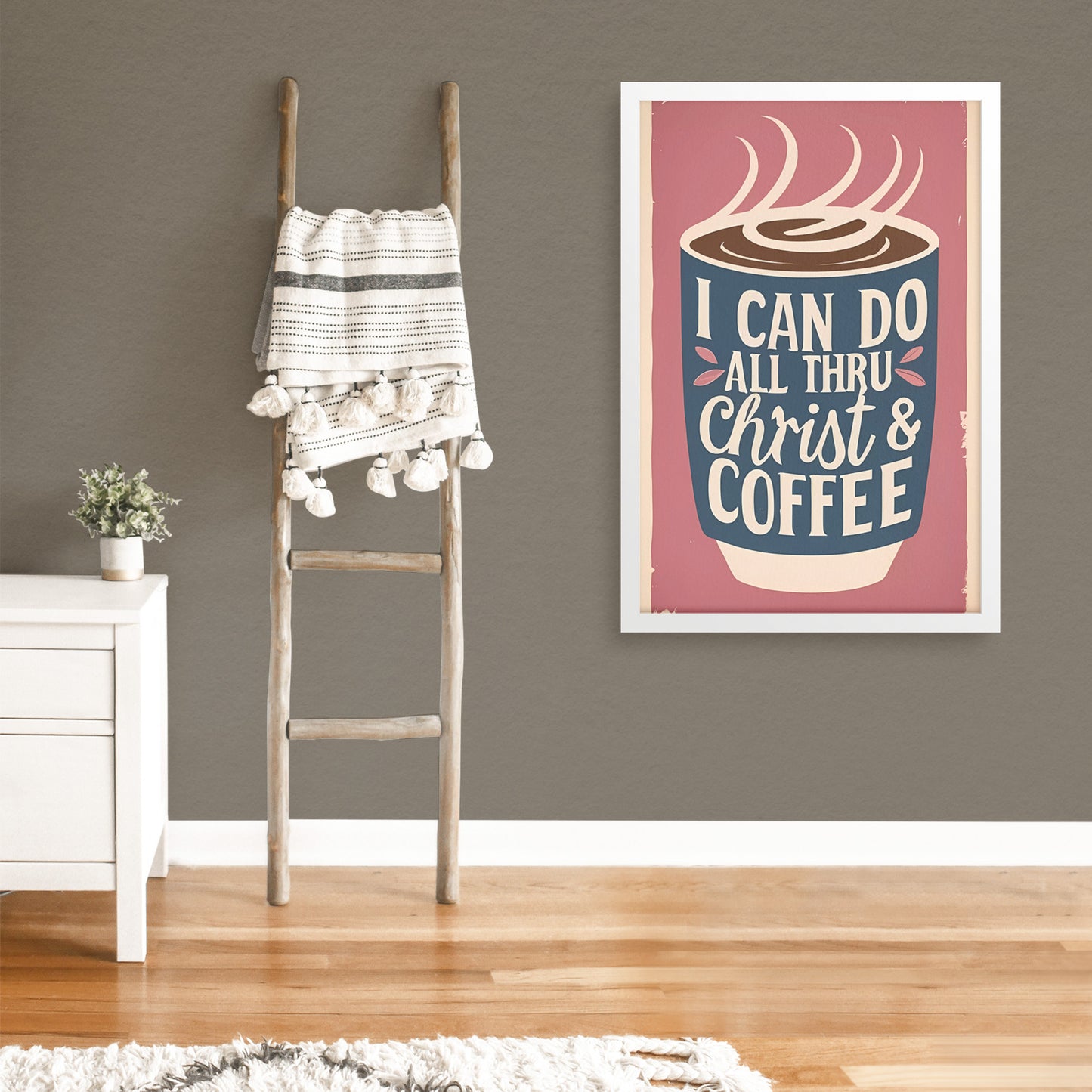 I Can Do All Through Christ & Coffee Retro Style Framed Poster
