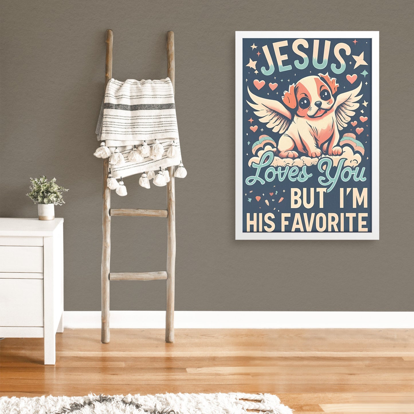Jesus Loves You, But I'm His Favorite Retro Style Kawaii Angel Puppy Framed Poster