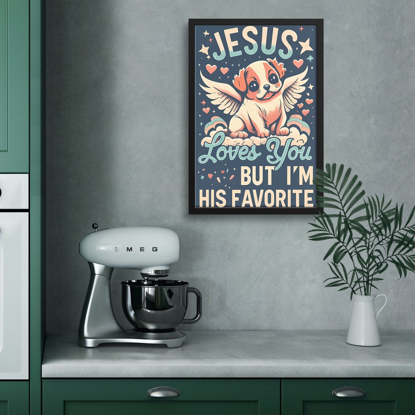 Jesus Loves You, But I'm His Favorite Retro Style Kawaii Angel Puppy Framed Poster