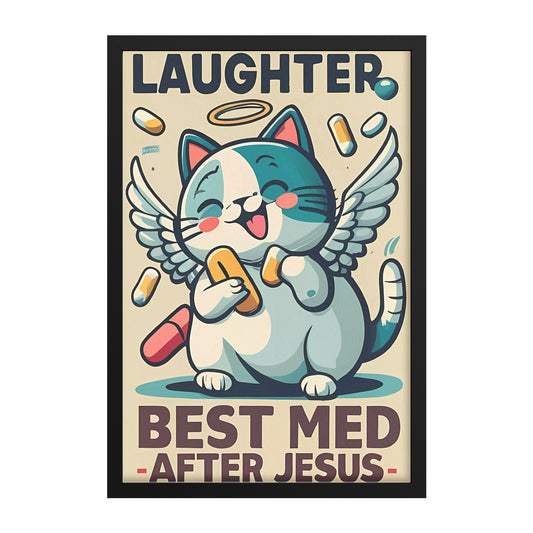 Laughter, Best Med After Jesus Retro Style Kawaii Angel Cat Framed Poster