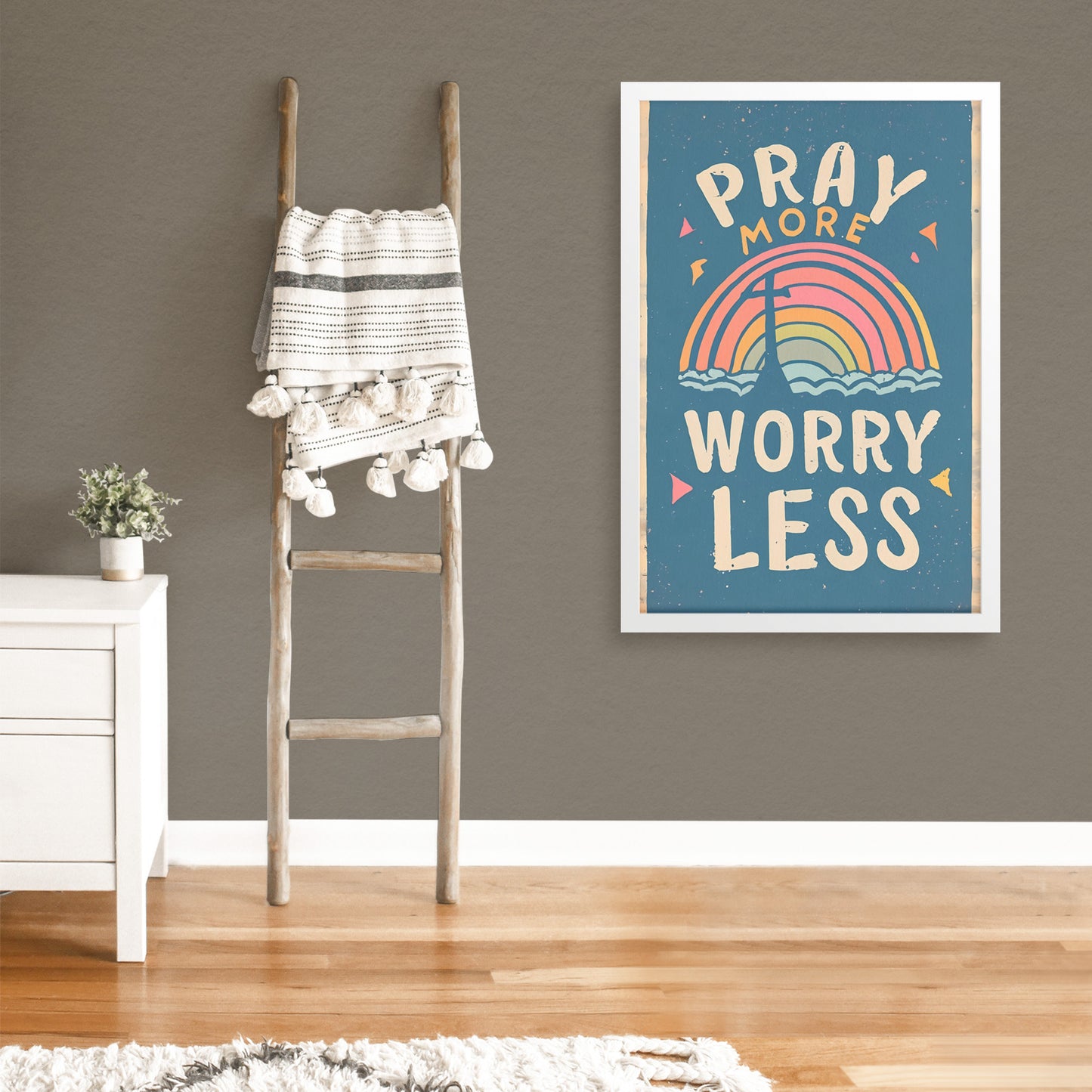"Pray More, Worry Less" Retro Style Framed Print