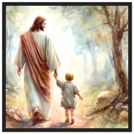 Jesus as a Guardian Holding Hand with a Child Framed Print