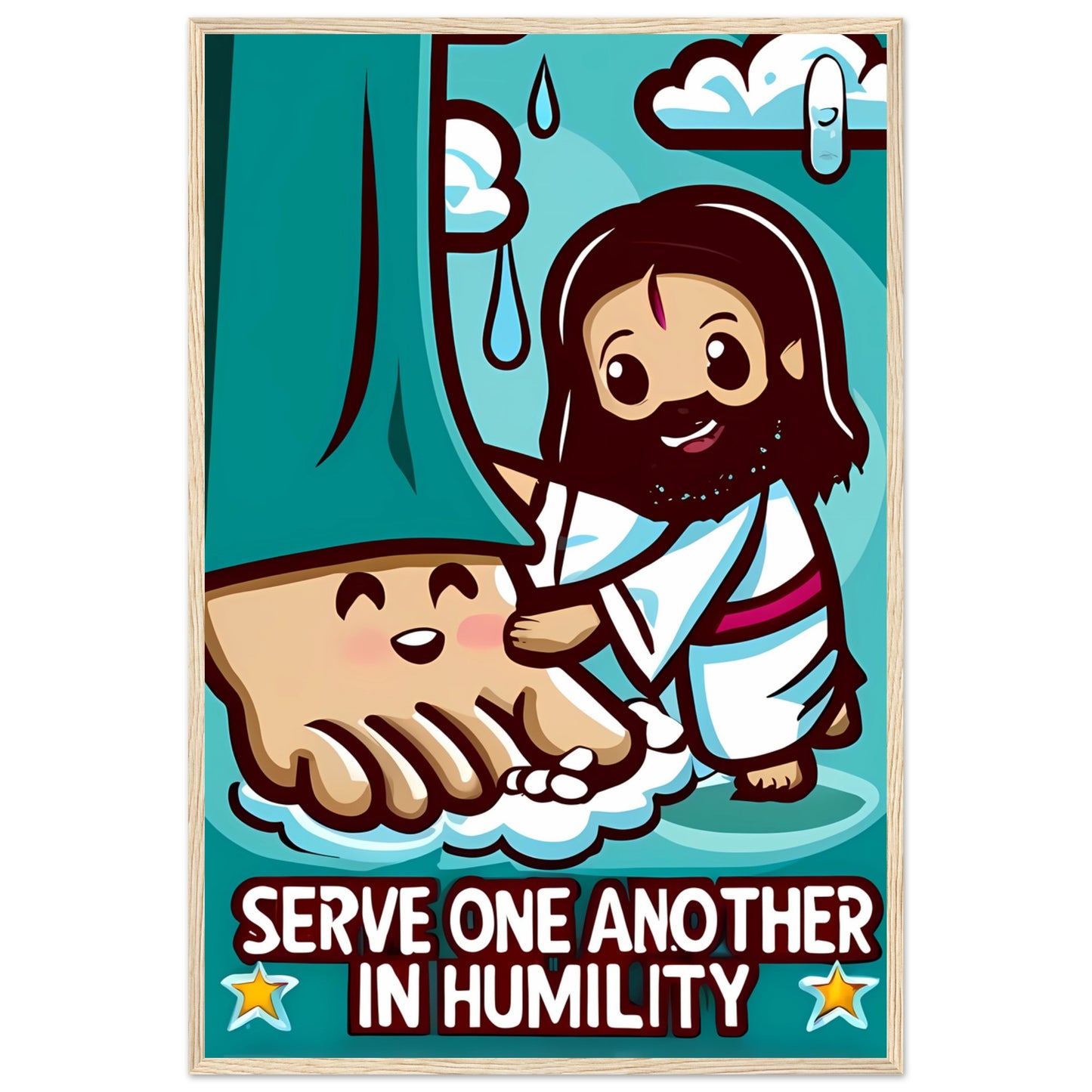 Cartoon Jesus Serve One Another in Humility Framed Poster