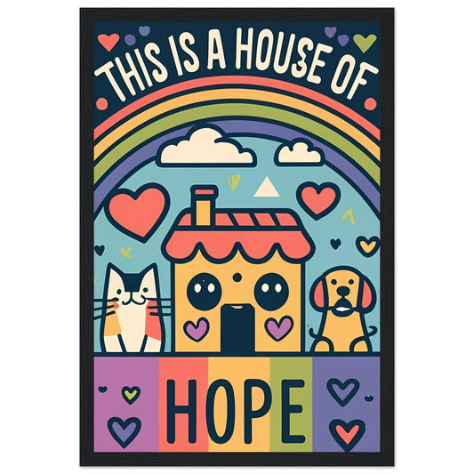 This Is a House of Hope Rainbow Kawaii Cat, Dog, and House Framed Poster
