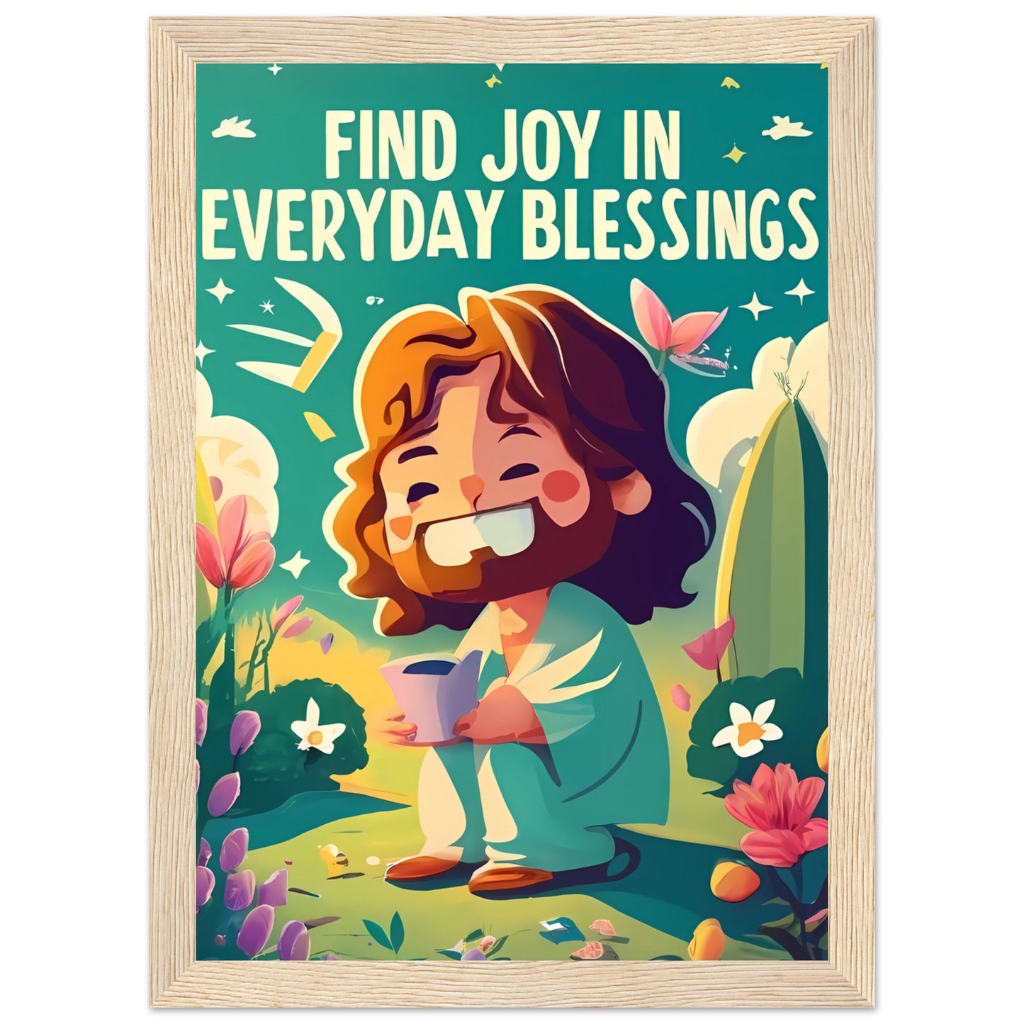 Cartoon Jesus Find Joy in Everyday Blessings Framed Poster