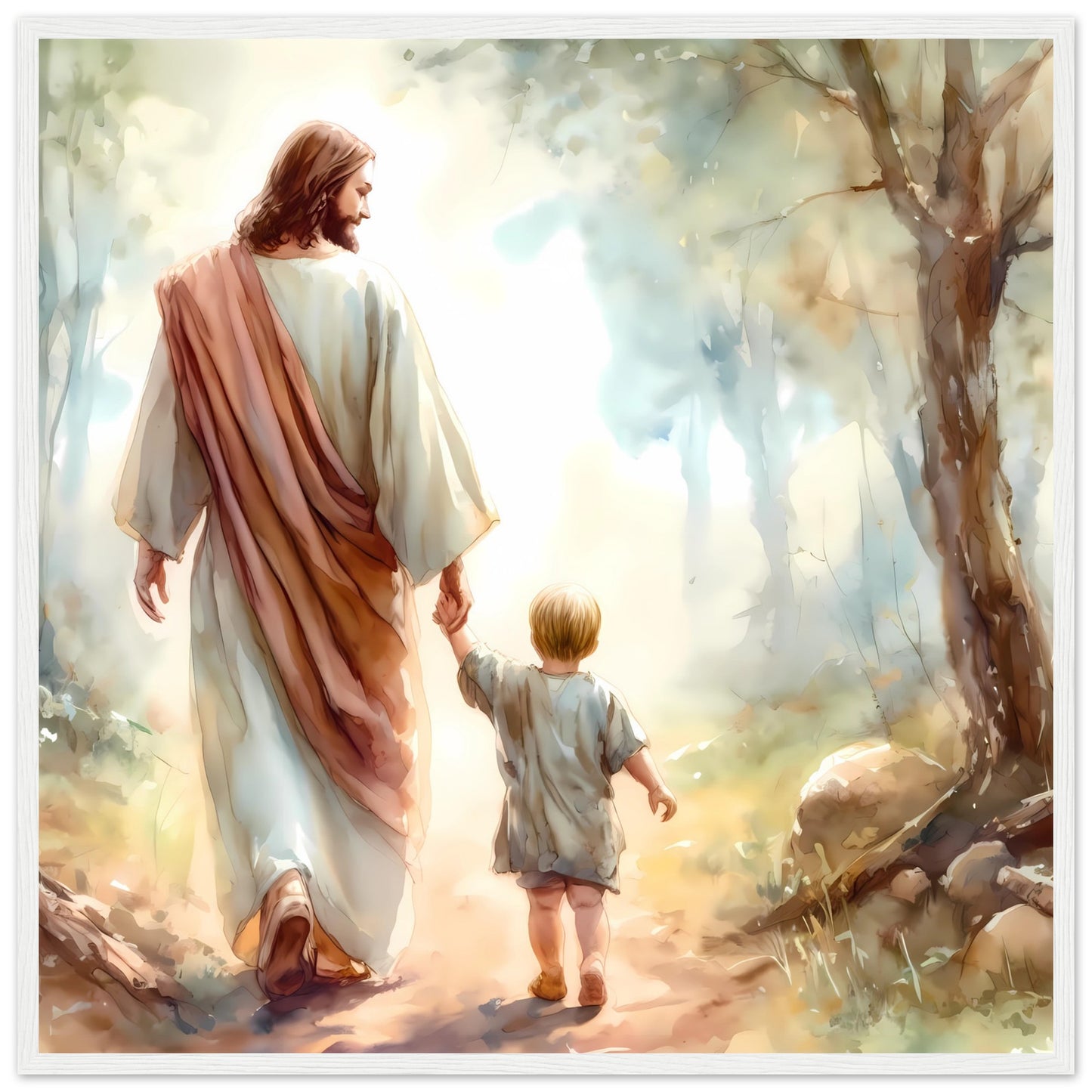 Jesus as a Guardian Holding Hand with a Child Framed Print