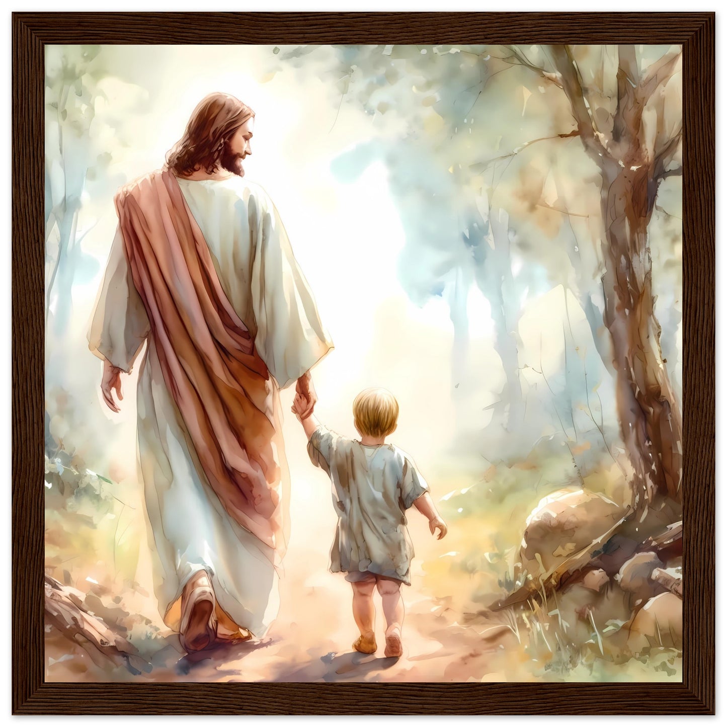 Jesus as a Guardian Holding Hand with a Child Framed Print