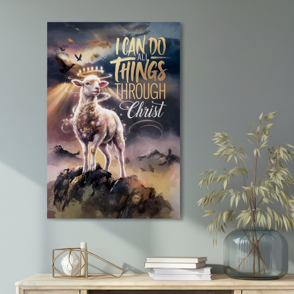 Lamb of Victory | Philippians 4:13 Christian Watercolor Canva hanged on a wall