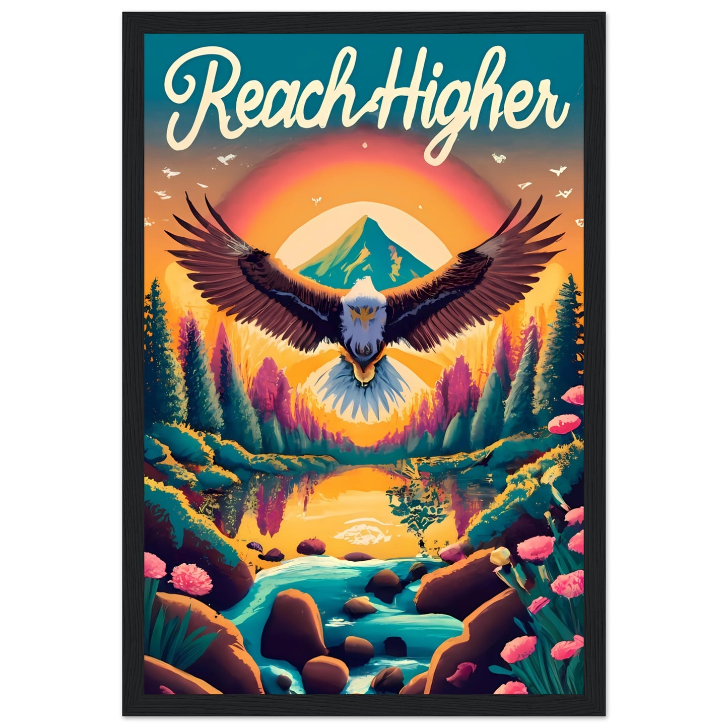 Reach Higher Retro Style Framed Poster with Isaiah 40:31, Eagle Flying, Sunset