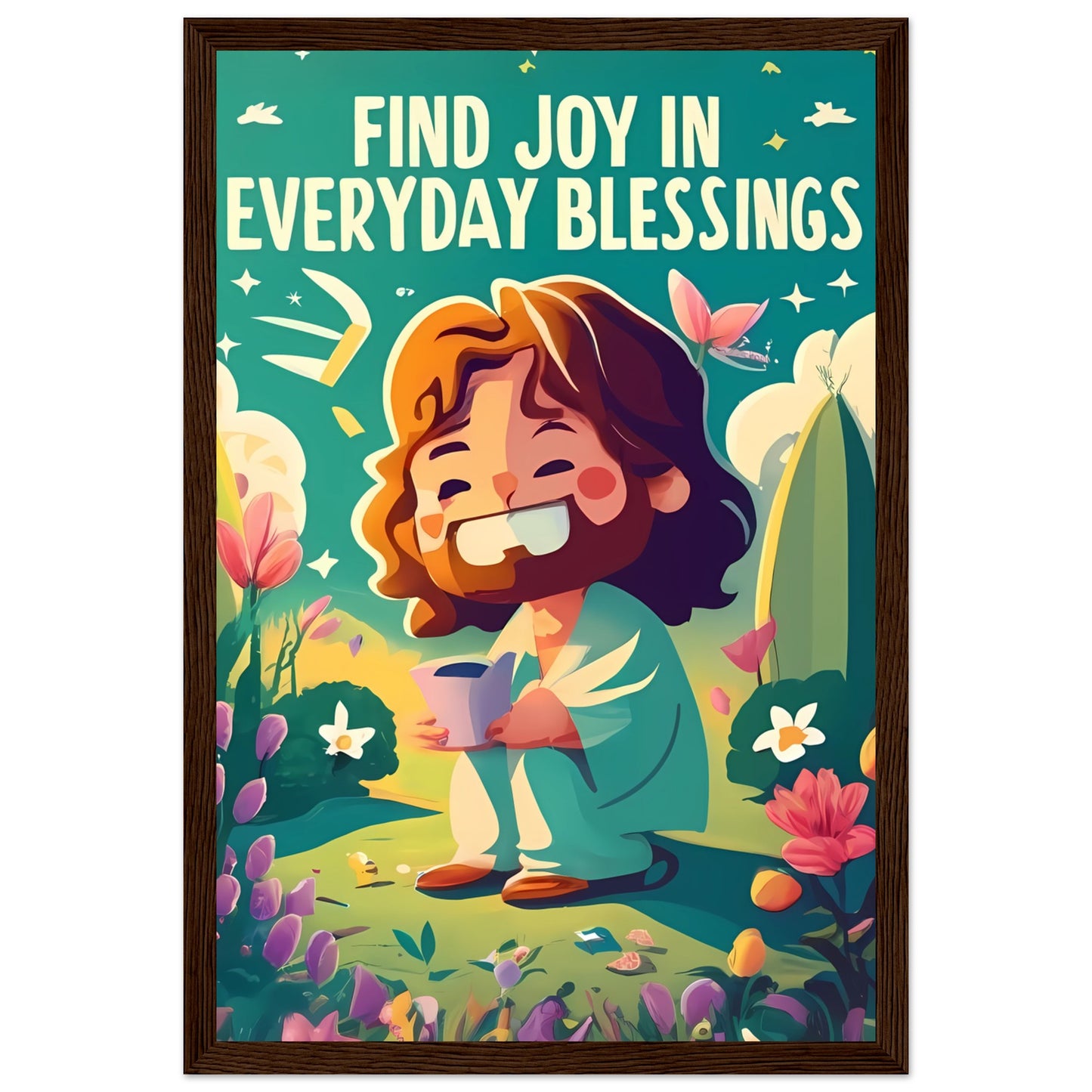 Cartoon Jesus Find Joy in Everyday Blessings Framed Poster