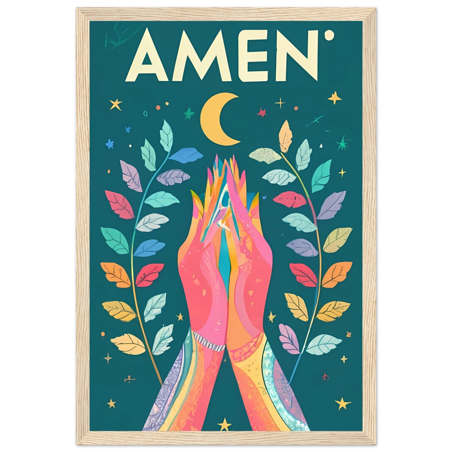 AMEN Hands Raised in Worship Framed Poster with Rainbow Floral, Star, and Moon