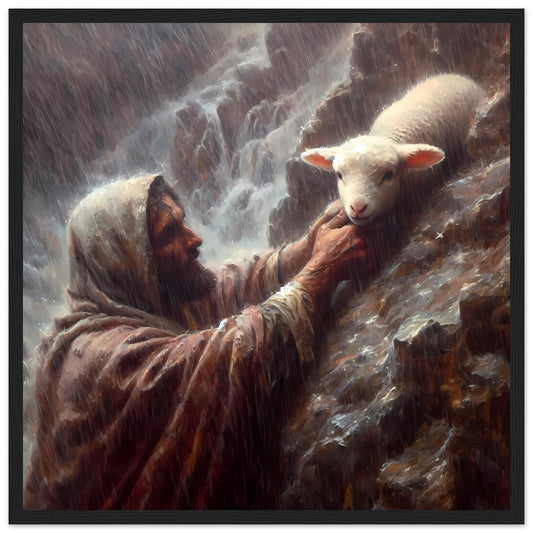 It's alright now, Jesus Recuing a Baby Lamb Framed Print