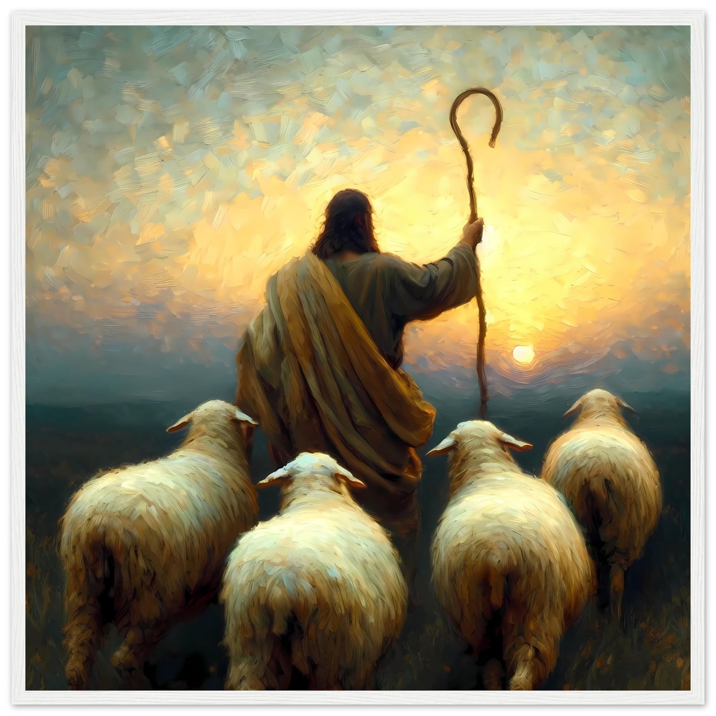 Follow Me, Jesus The Good Shepherd, Sunset Oil painting Framed Print