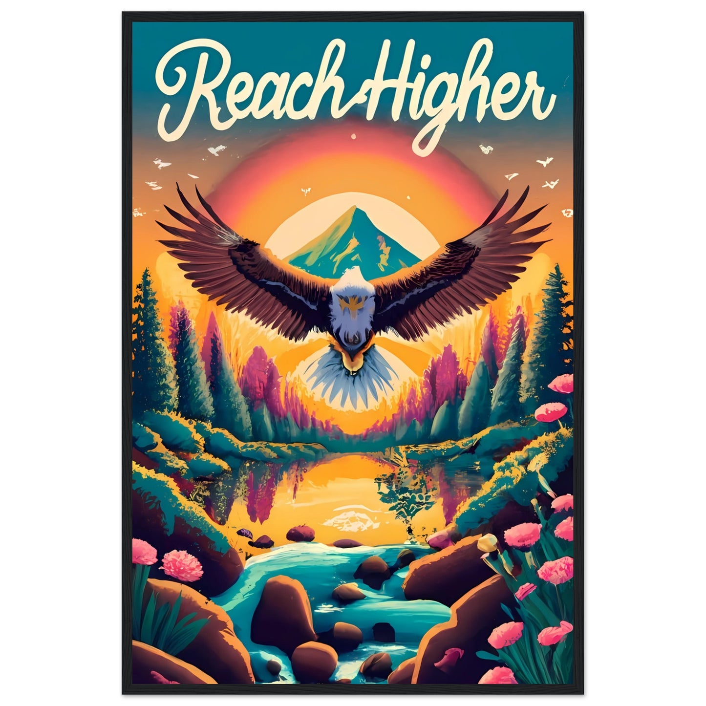 Reach Higher Retro Style Framed Poster with Isaiah 40:31, Eagle Flying, Sunset