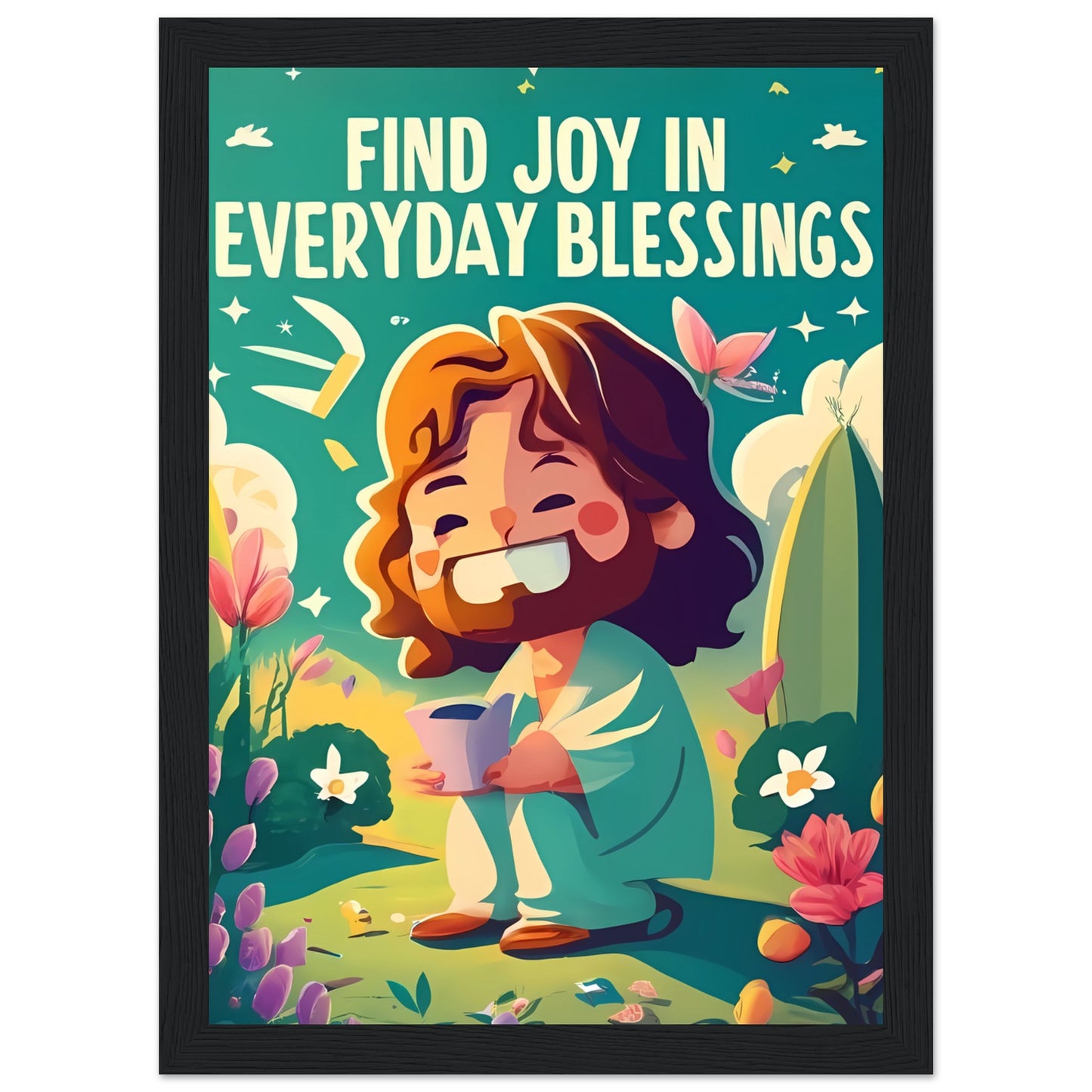 Cartoon Jesus Find Joy in Everyday Blessings Framed Poster