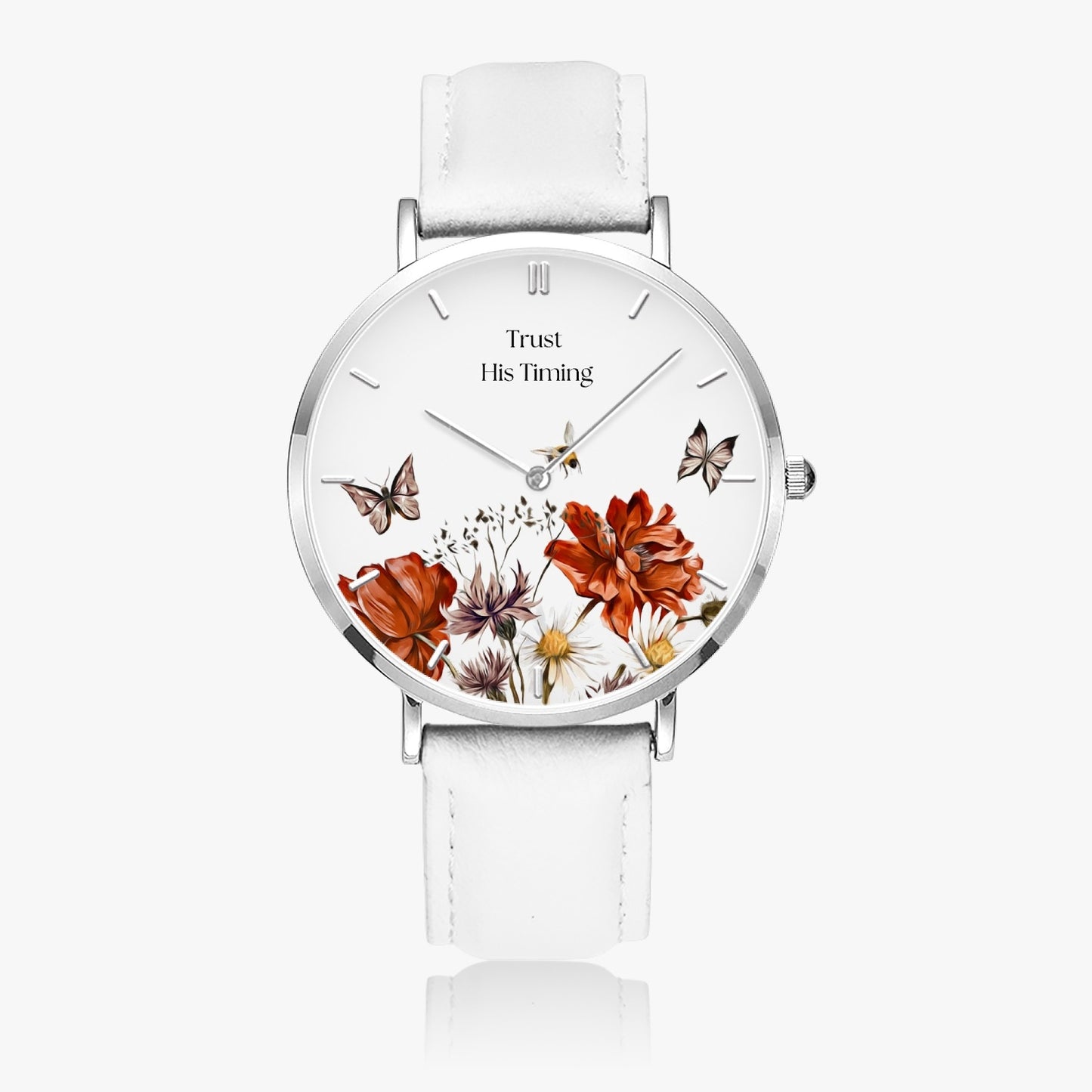 Trust His Timing Floral Christian Leather Strap Quartz Watch