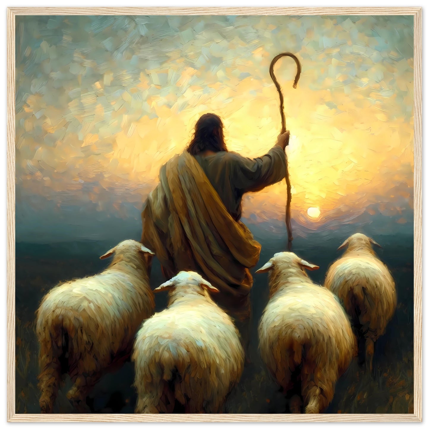 Follow Me, Jesus The Good Shepherd, Sunset Oil painting Framed Print