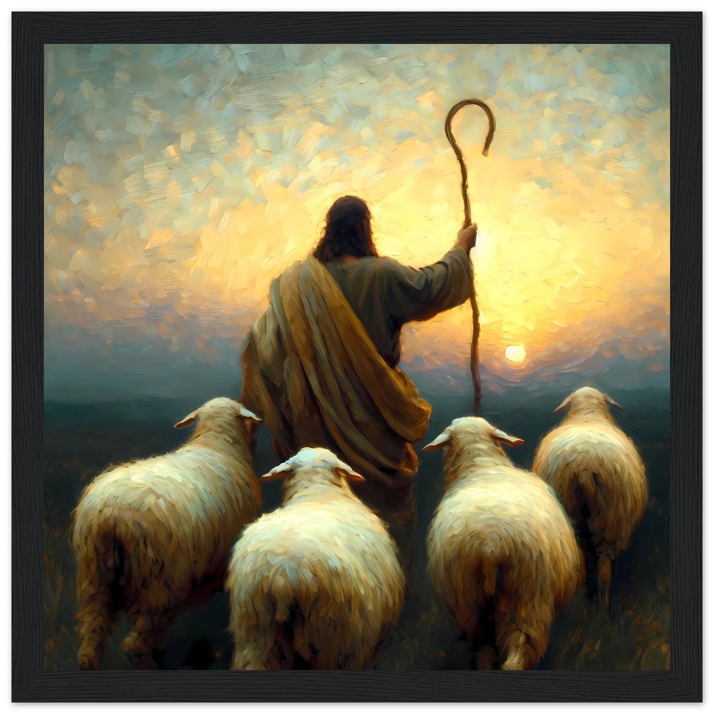 Follow Me, Jesus The Good Shepherd, Sunset Oil painting Framed Print