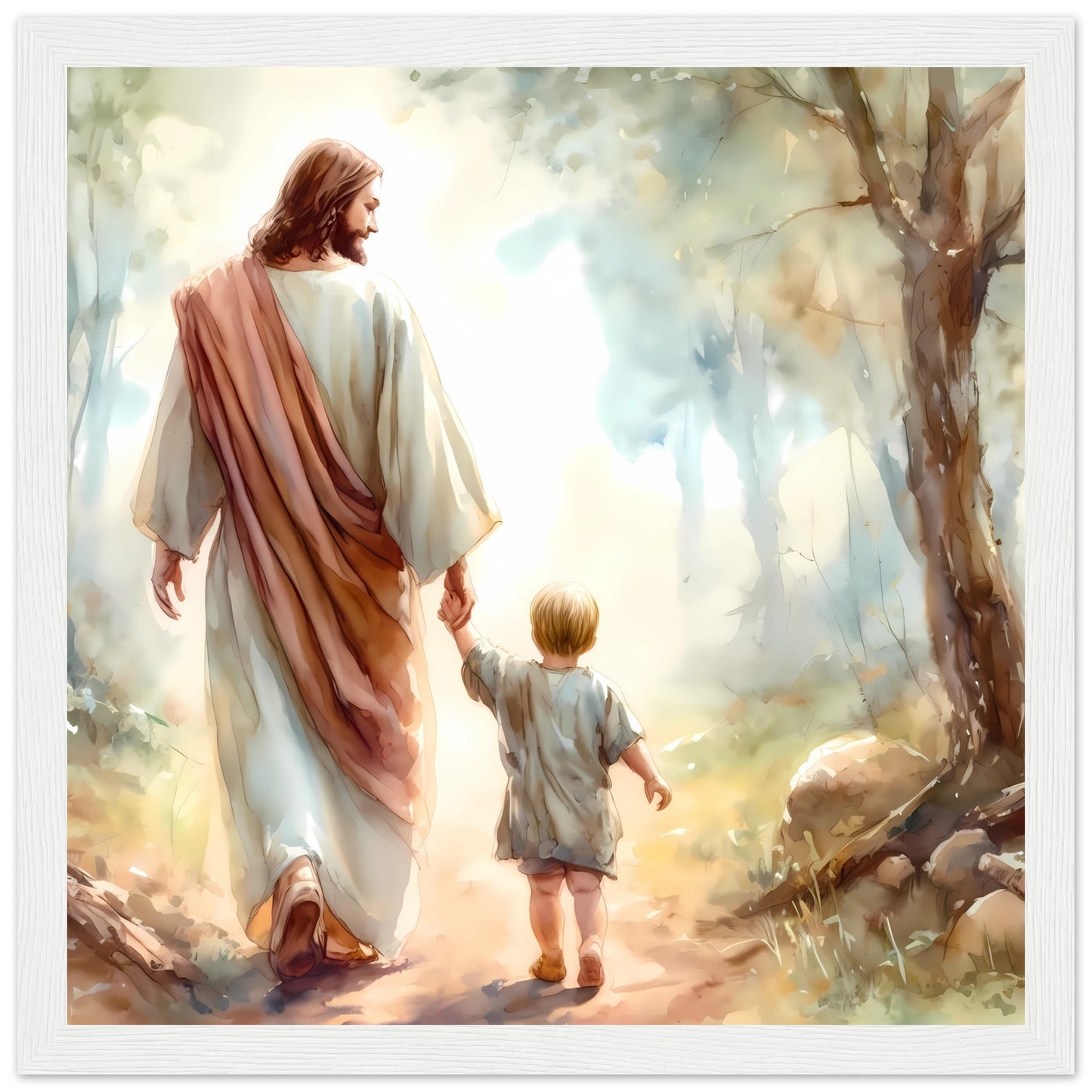 Jesus as a Guardian Holding Hand with a Child Framed Print