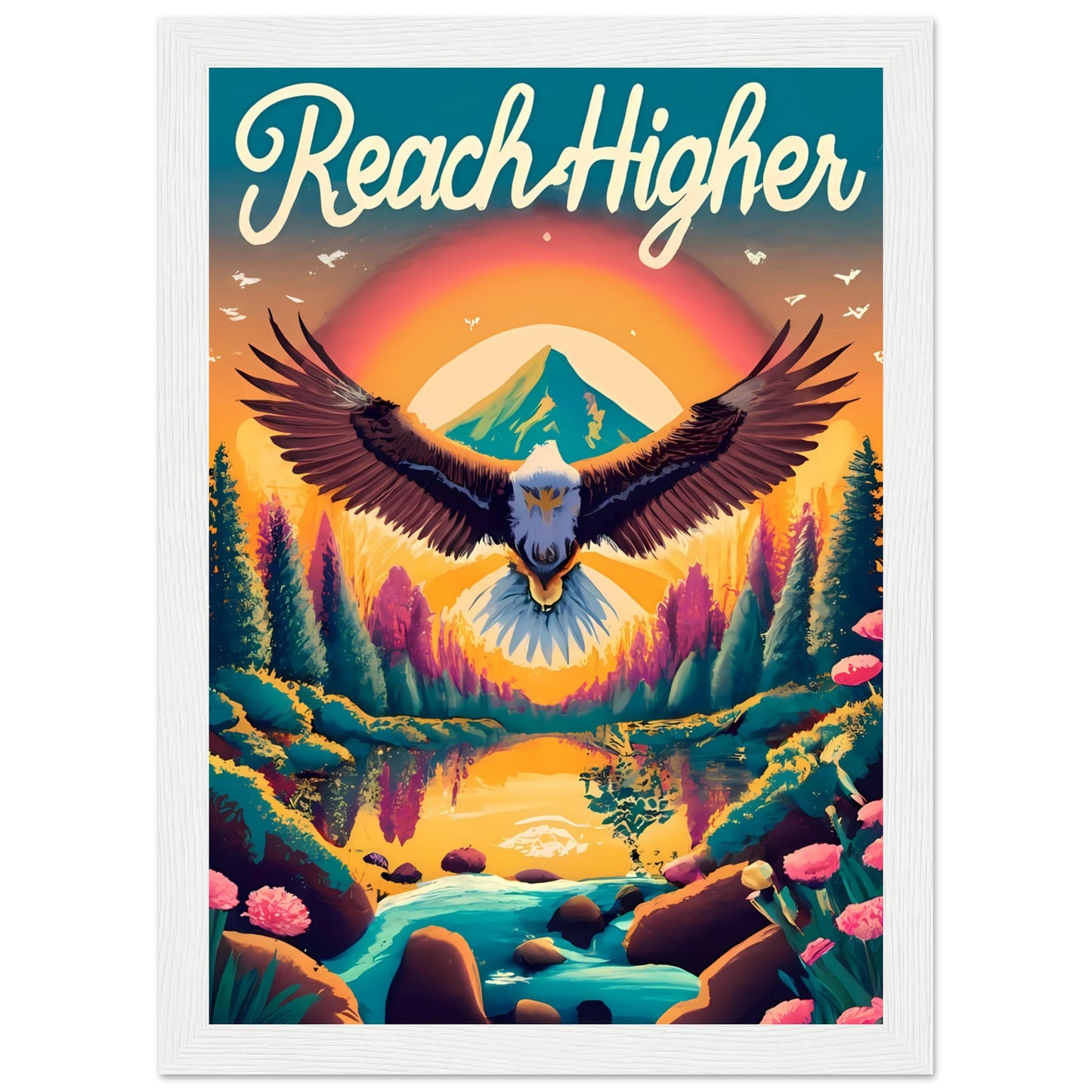 Reach Higher Retro Style Framed Poster with Isaiah 40:31, Eagle Flying, Sunset