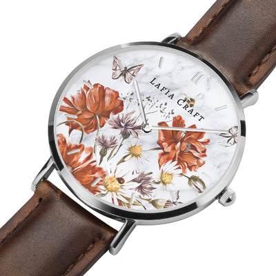Vintage Floral garden pattern Watch designed for women, it comes with silver case and brown genuine leather strap.