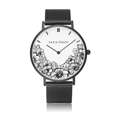 Minimalist monochrome Floral garden pattern Watch designed for women, it comes with black case and black stainless steel mesh strap.